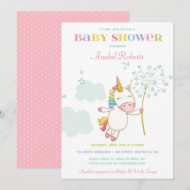 Söt Unicorn Baby Shower-inbjudan Dandelion Inbjudningar (Fram/baksida)