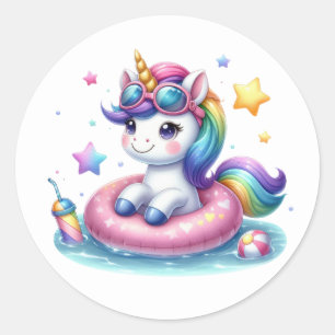 Söt Unicorn Bassäng Party Stickers Runt Klistermärke