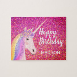 Söt Unicorn Birthday Rosa Glitter Personlig Pussel