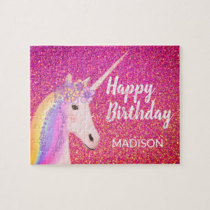 Söt Unicorn Birthday Rosa Glitter Personlig Pussel