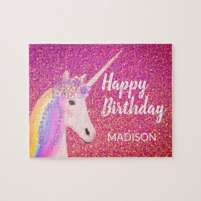 Söt Unicorn Birthday Rosa Glitter Personlig Pussel (Horisontell)