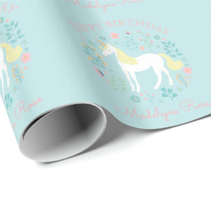 Söt Unicorn Blommigt Aqua Personlig Birthday Presentpapper