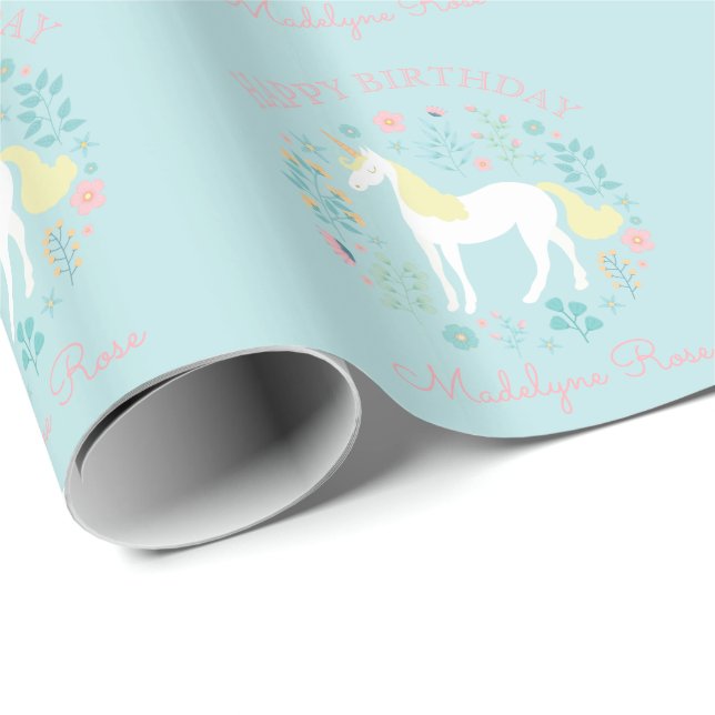 Söt Unicorn Blommigt Aqua Personlig Birthday Presentpapper (Rullad Hörn)