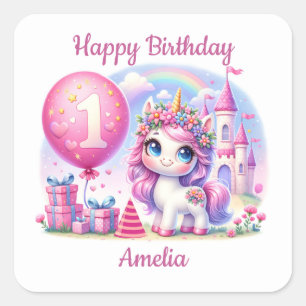 Söt Unicorn First Birthday Fyrkantigt Klistermärke