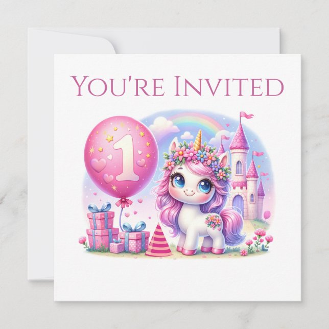 Söt Unicorn First Birthday Inbjudningar (Framsida)