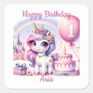 Söt Unicorn First Birthday med Birthday Cake Fyrkantigt Klistermärke