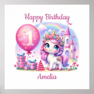 Söt Unicorn First Birthday Poster