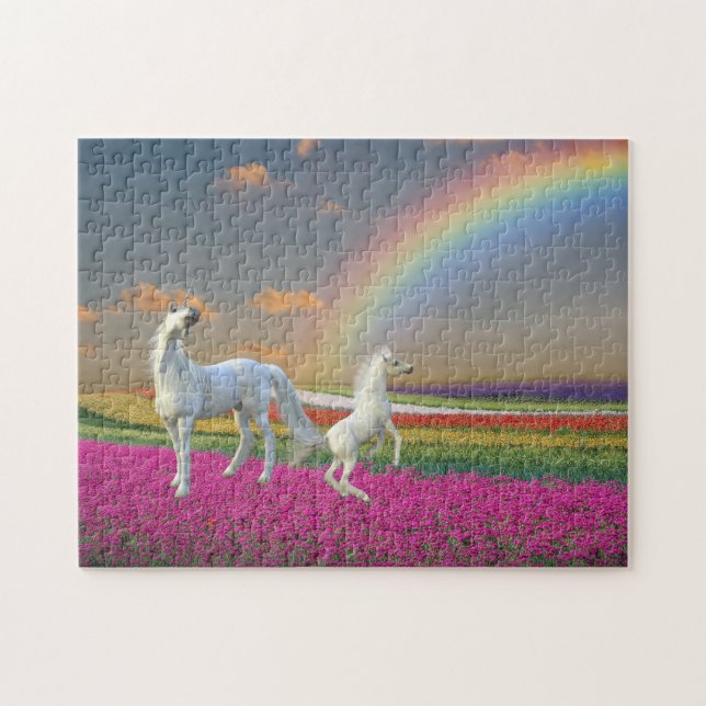 Söt Unicorn Flower Rainbow liggande Pussel (Horisontell)