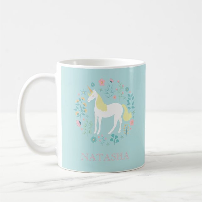 Söt Unicorn & Flowers Aqua Personlig Kaffemugg (Vänster)