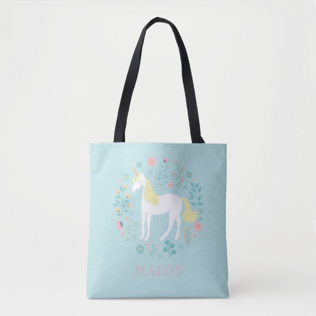 Söt Unicorn & Flowers Aqua Personlig Tygkasse (Framsida)
