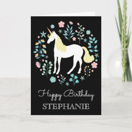 Söt Unicorn & Flowers Black Personlig Kort