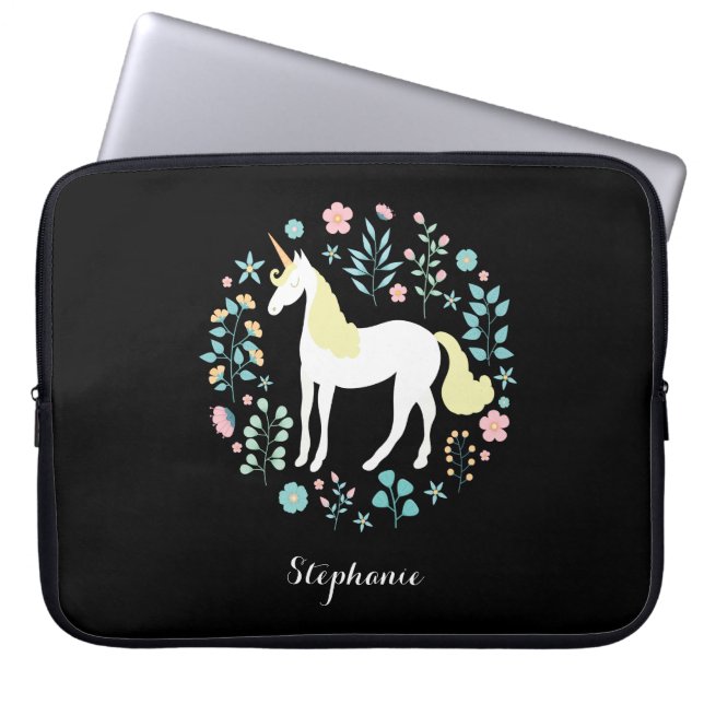 Söt Unicorn & Flowers Black Personlig Laptop Fodral (Framsidan)