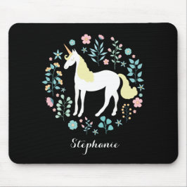 Söt Unicorn & Flowers Black Personlig Musmatta