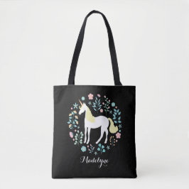 Söt Unicorn & Flowers Black Personlig Tygkasse