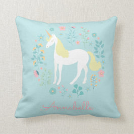 Söt Unicorn & Flowers Personlig Aqua Kudde