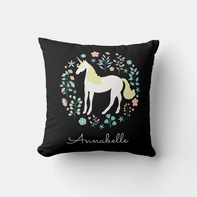 Söt Unicorn & Flowers Personlig Black Kudde (Framsida)