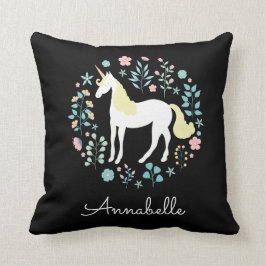 Söt Unicorn & Flowers Personlig Black Kudde