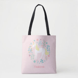 Söt Unicorn & Flowers Personlig för Rosa Tygkasse