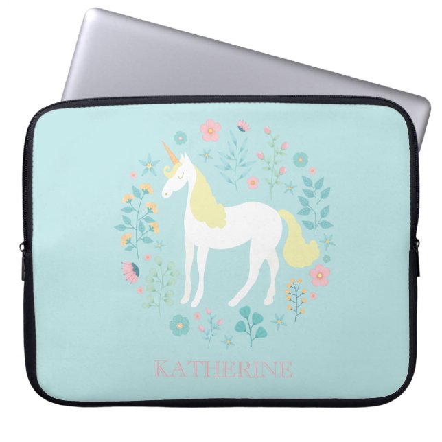 Söt Unicorn & Flowers Personlig Laptop Sleeve (Framsidan)