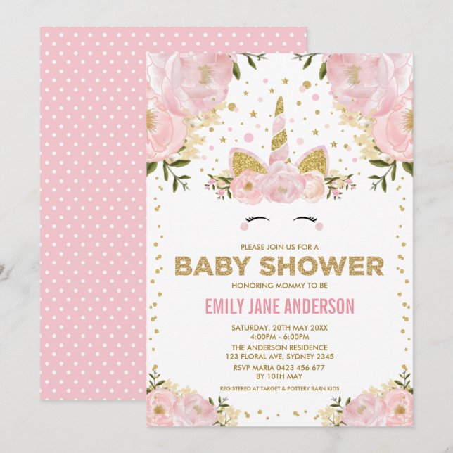 Söt Unicorn Girl Baby Shower Rosa Guld Blommigt Inbjudningar (Fram/baksida)