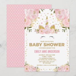 Söt Unicorn Girl Baby Shower Rosa Guld Blommigt Inbjudningar