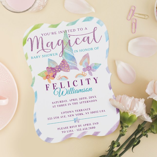 Söt Unicorn Girl Blommigt Baby Shower-inbjudan Inbjudningar (Pretty Unicorn Girl Floral Baby Shower Invitation)