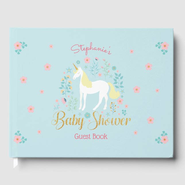 Söt Unicorn Guld Glitter Baby Shower Gästböcker (Framsida)