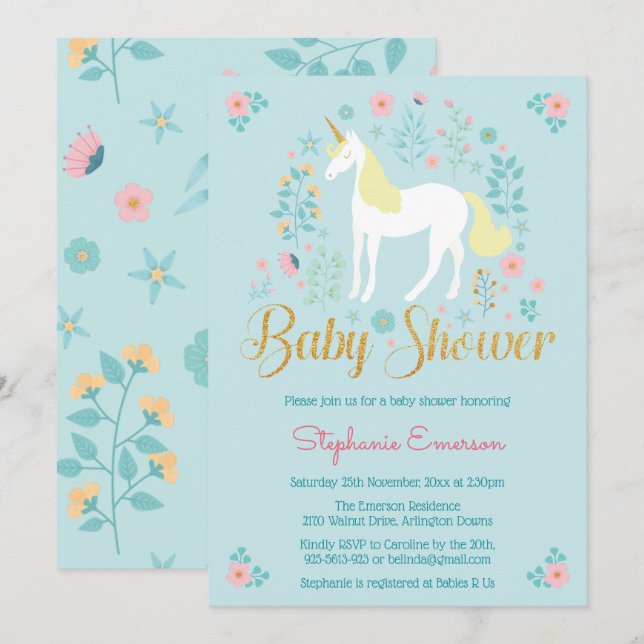 Söt Unicorn Guld Glitter Baby Shower-inbjudan Inbjudningar (Fram/baksida)