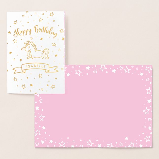 Söt Unicorn Guld & Rosa Grattis på födelsedagen -  Folierat Kort (Display)