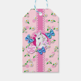 Söt Unicorn i Rosa med Polka dots Märkre Presentetikett