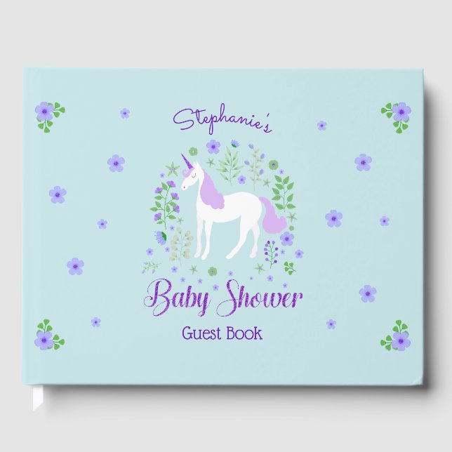 Söt Unicorn Lila Aqua Baby Shower Gästböcker (Framsida)