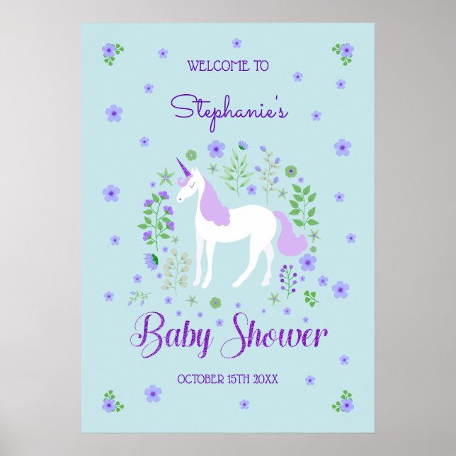 Söt Unicorn Lila Aqua Baby Shower Poster (Framsidan)