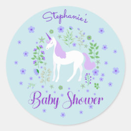 Söt Unicorn Lila Aqua Baby Shower Runt Klistermärke