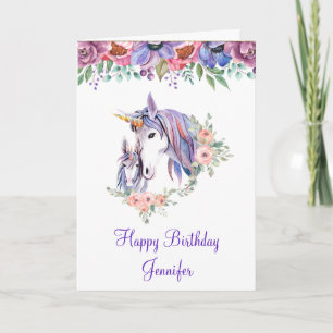 Söt Unicorn Mamma & Baby Watercolor Birthday Kort