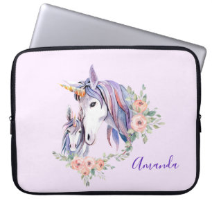Söt Unicorn Mamma & Baby Watercolor Blommigt Laptop Fodral