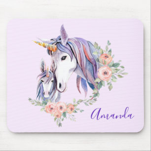Söt Unicorn Mamma & Baby Watercolor Blommigt Musmatta