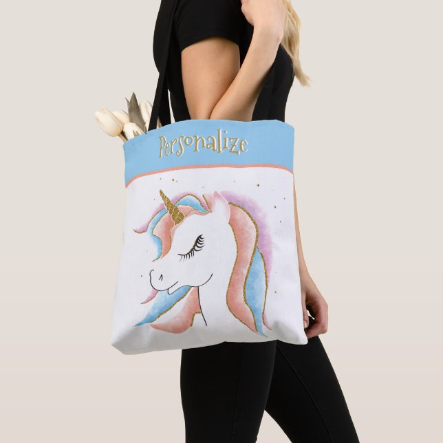 Söt Unicorn Pastel Färg Guld Horn Personalize Tygkasse (Närbild)