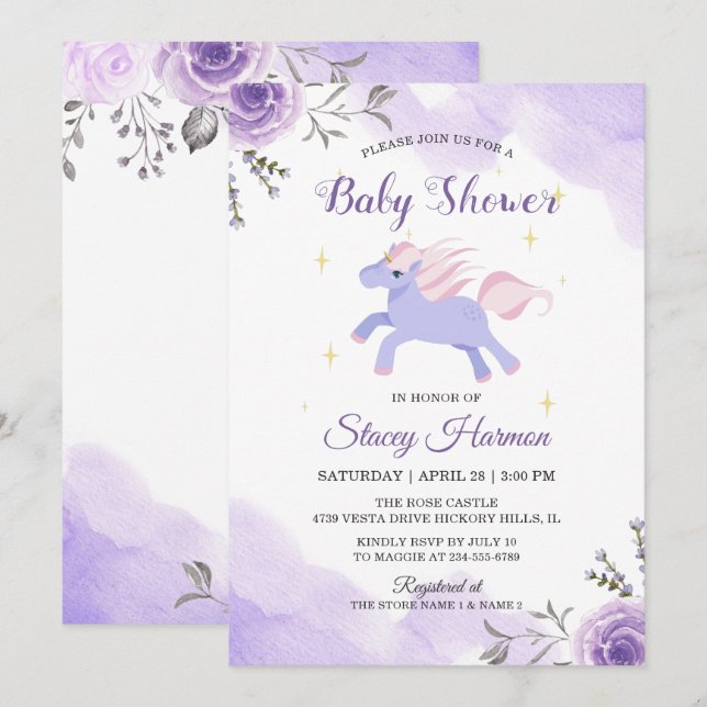 Söt Unicorn Pastel Lila Blommigt babydusch Inbjudningar (Fram/baksida)