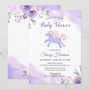 Söt Unicorn Pastel Lila Blommigt babydusch Inbjudningar