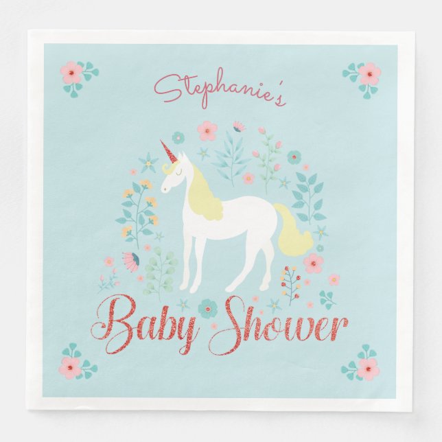 Söt Unicorn Ro Guld Glitter Baby Shower Pappersservett (Framsida)