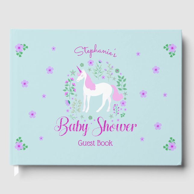 Söt Unicorn Rosa Aqua Baby Shower Personlig Gästböcker (Framsida)