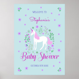 Söt Unicorn Rosa Aqua Baby Shower Personlig Poster