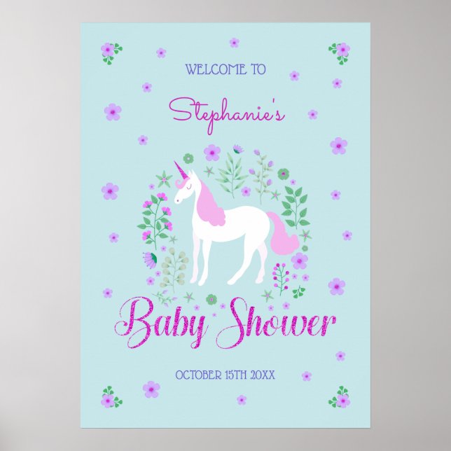Söt Unicorn Rosa Aqua Baby Shower Personlig Poster (Framsidan)