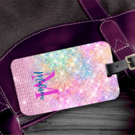 Söt unicorn rosa faux glitter rhinestone monogram bagagebricka