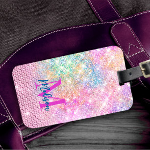 Söt unicorn rosa faux glitter rhinestone monogram bagagebricka