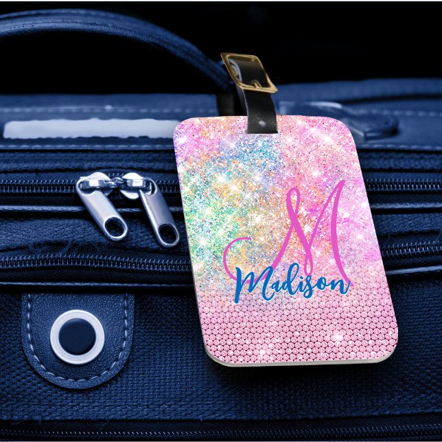 Söt unicorn rosa faux glitter rhinestone monogram bagagebricka (Skapare uppladdad)