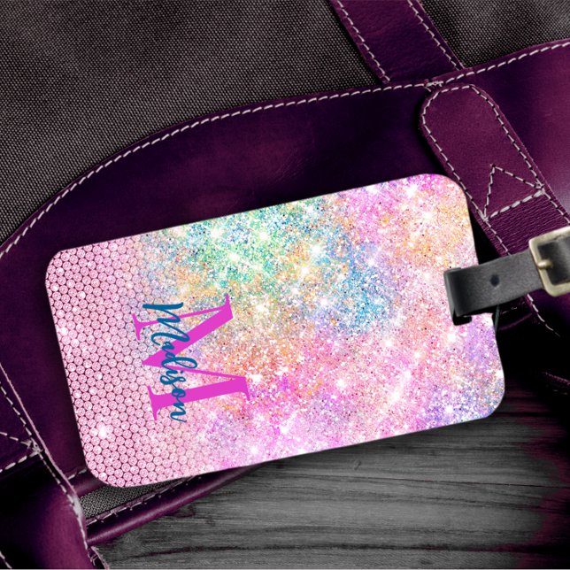 Söt unicorn rosa faux glitter rhinestone monogram bagagebricka (Skapare uppladdad)