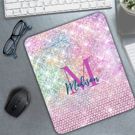 Söt unicorn rosa faux glitter rhinestone monogram musmatta