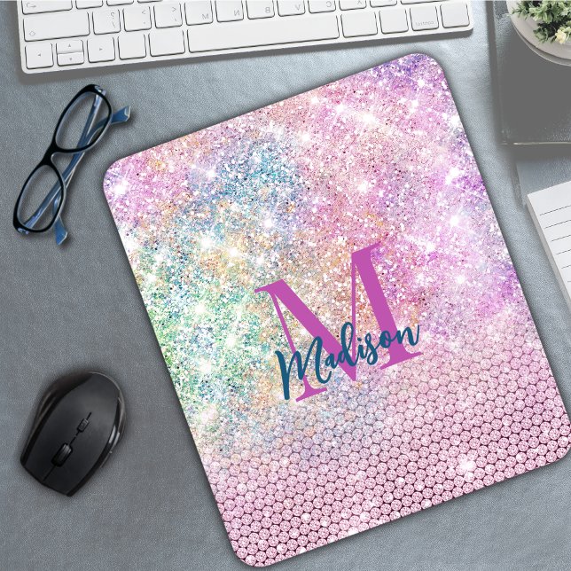 Söt unicorn rosa faux glitter rhinestone monogram musmatta (Skapare uppladdad)