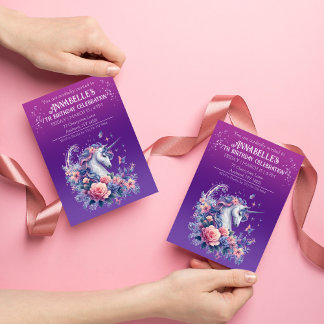 Söt Unicorn Rosa Lila Ombre Girls Birthday Inbjudningar
